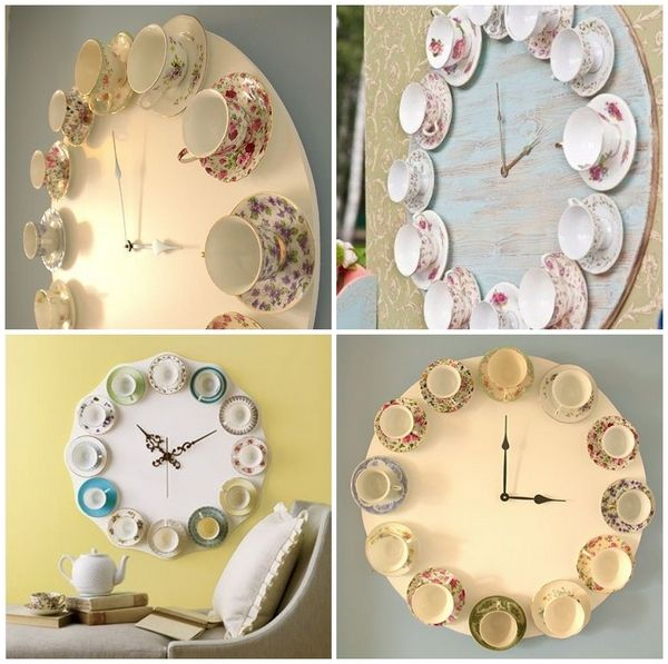 A four picture collage of teacups used to decorate the edges of clocks.