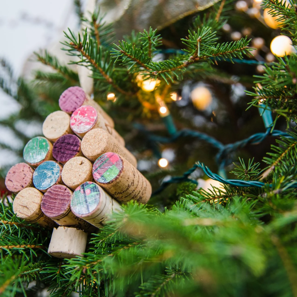 Wine corks used as holiday decorations.