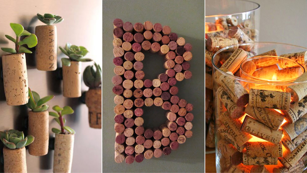 A three photo collage of different wine cork upcycling ideas.