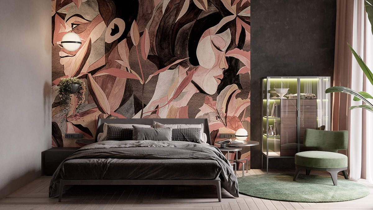 Modern bedroom with abstract face mural and green accent chair.