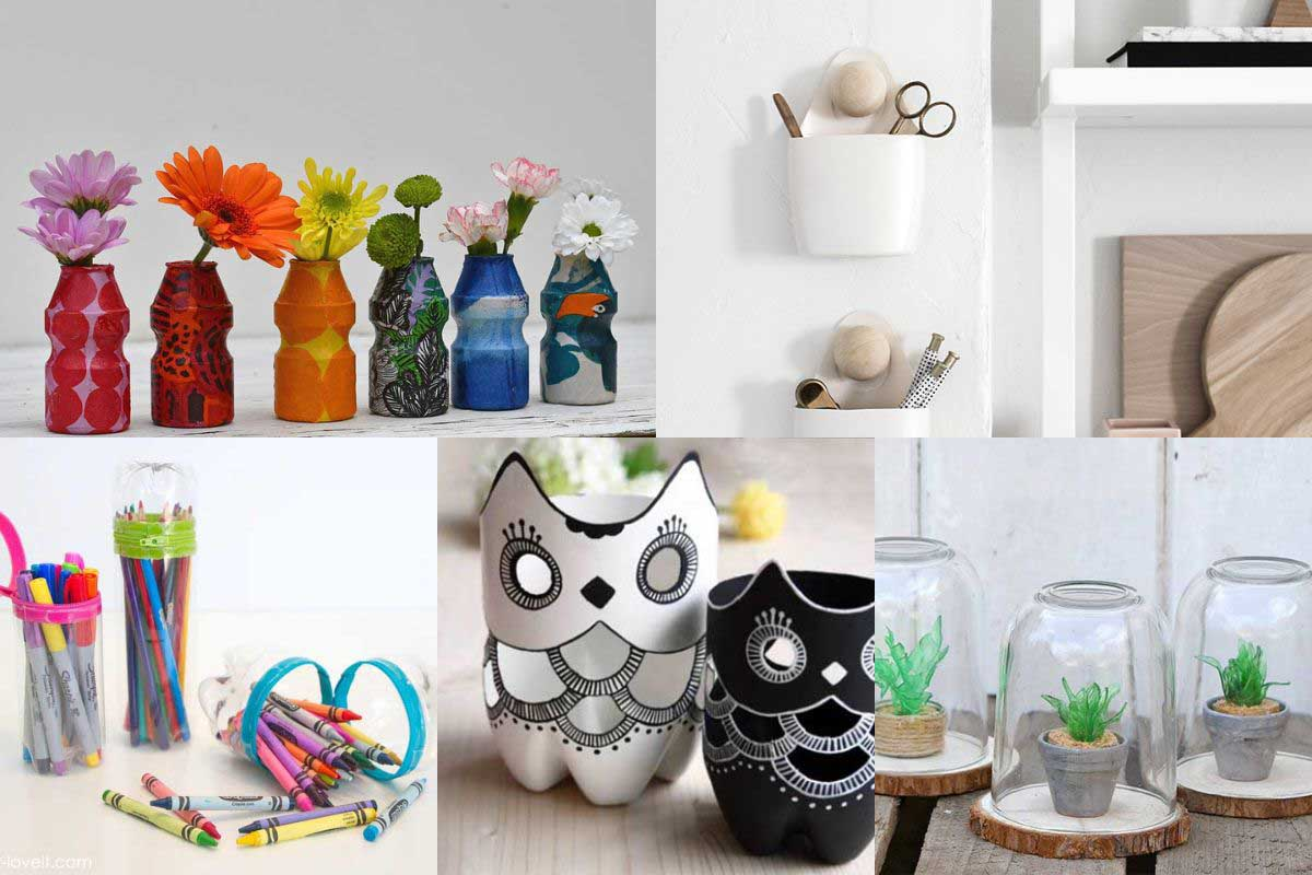 A collage of plastic bottle crafts.
