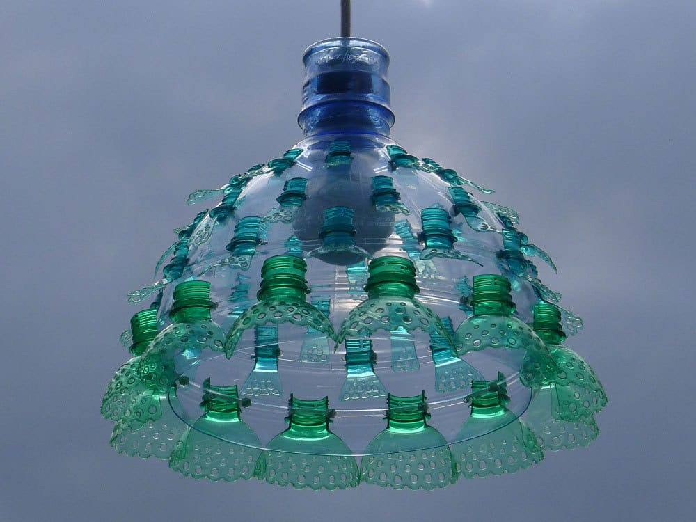 A chandelier made out of plastic bottles.