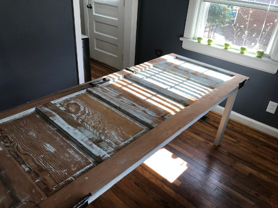 Repurposed wooden door used as a tabletop