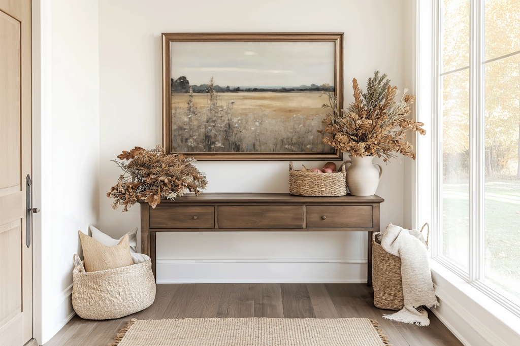 A cozy nook made beautiful with a framed painting that matches the table underneath.