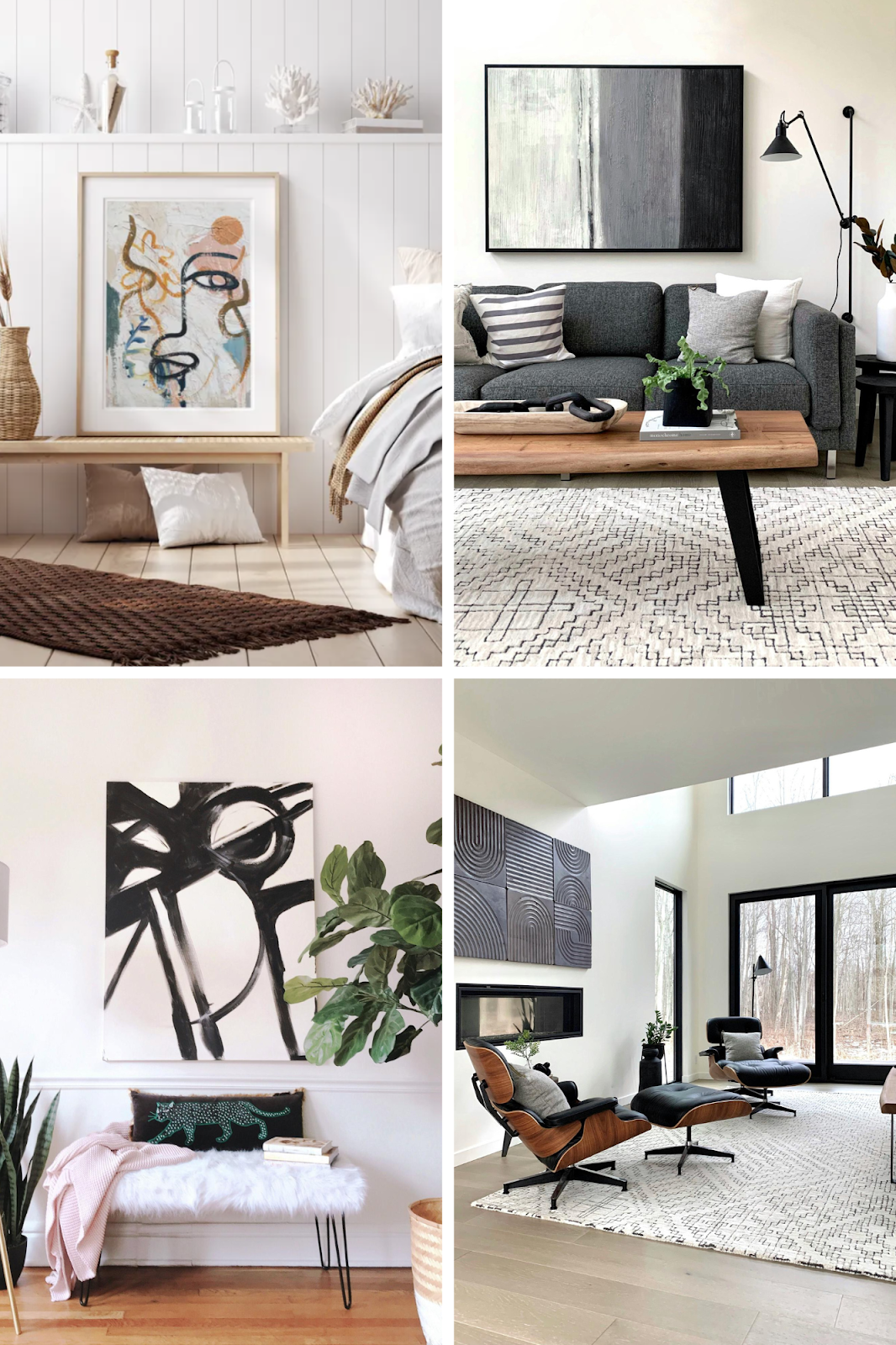 A four image collage of different ways to decorate walls.
