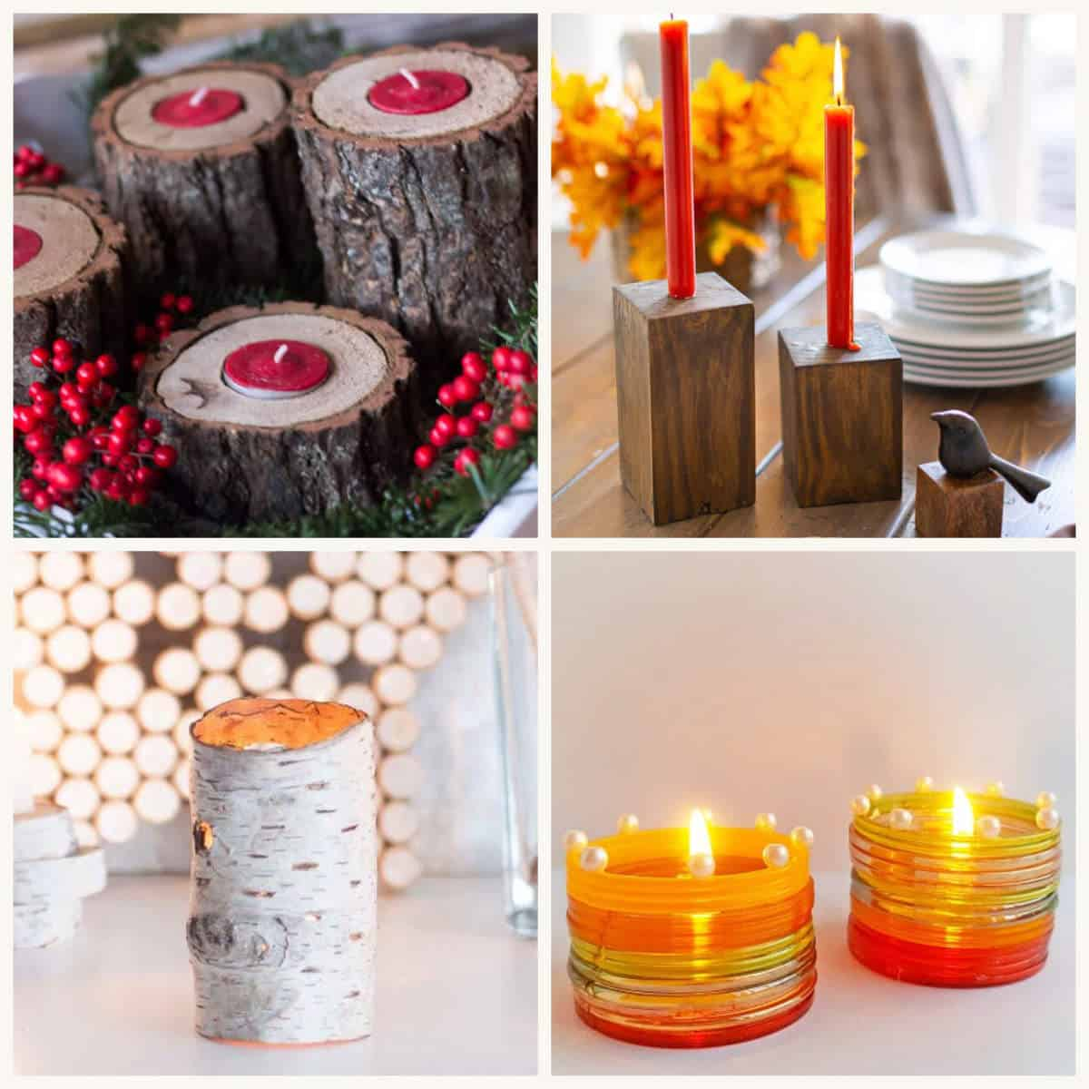 A four image collage of different candle home made candle holder ideas.