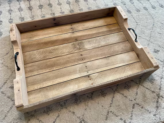 Rustic wooden tray with metal handles