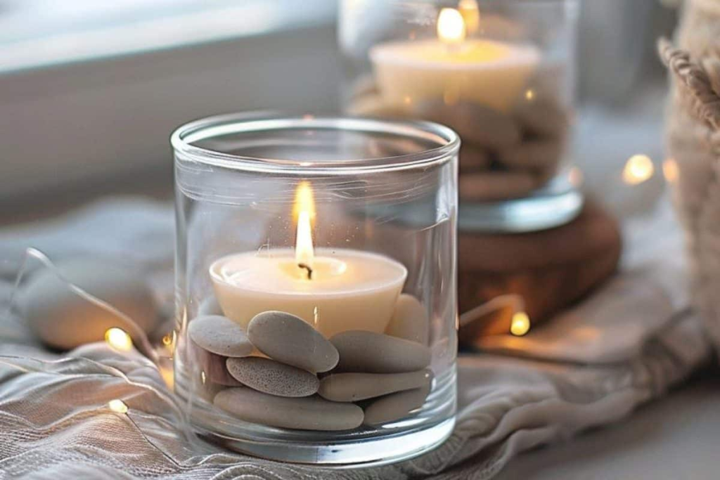 A cup with smooth rocks as a base and a candle on top being used as a candle holder.