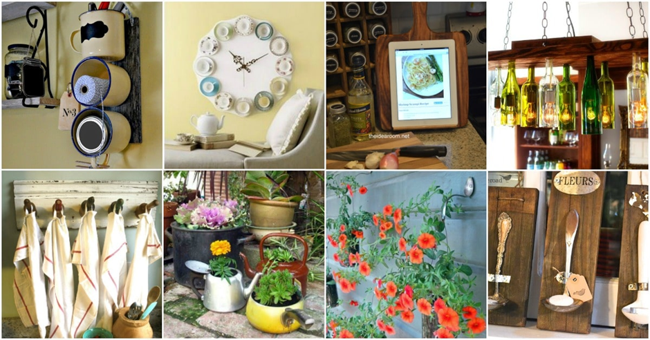 Collage of creative DIY upcycling projects using kitchen items such as mugs, plates, cutting boards, wine bottles, and garden containers.