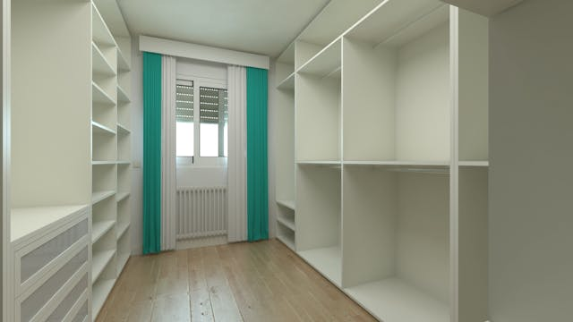 An empty closet with bare shelves.