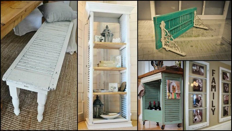 Upcycled window shutter DIY ideas including a shutter bench, shutter bookshelf, decorative shutter shelf, rolling shutter bar cart, and shutter wall art.