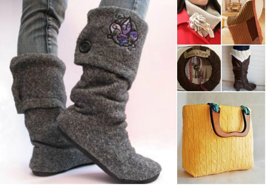 A collage of creative DIY projects made from old sweaters, including cozy sweater boots, a fabric flower scarf, a wreath, boot cuffs, and a yellow knit handbag