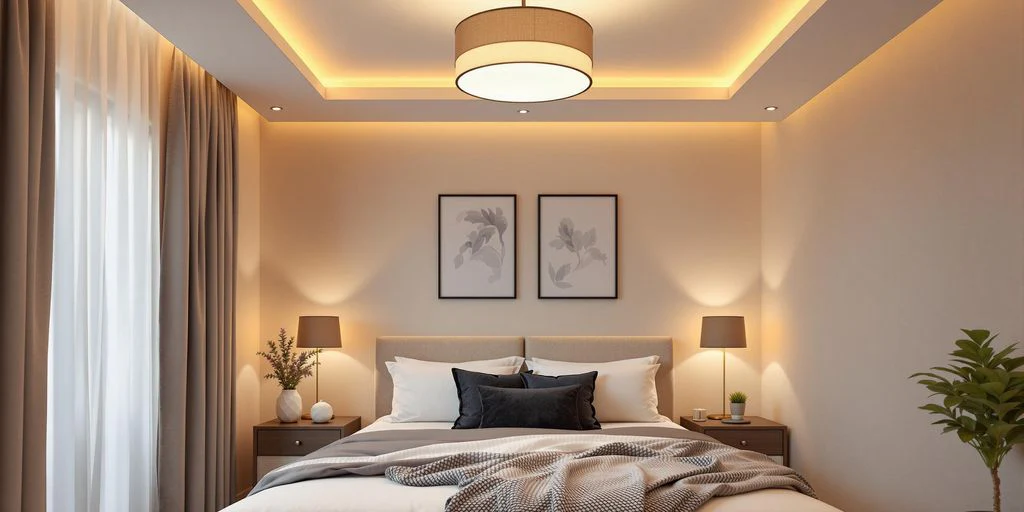 Elegant bedroom featuring three-panel family photo wall art above a light wood bed frame