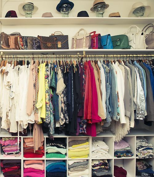 Colorfully organized closet space.