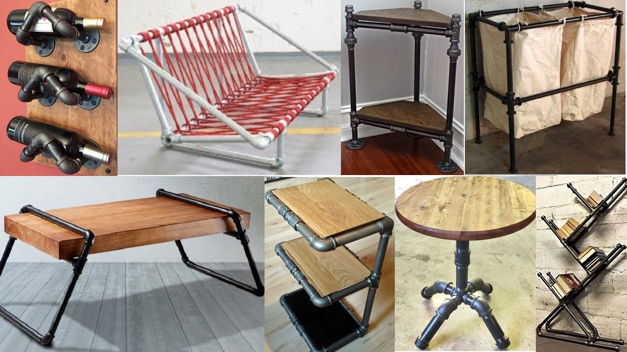 DIY industrial pipe furniture ideas including tables, shelves, racks, and chairs made from metal pipes and wood.