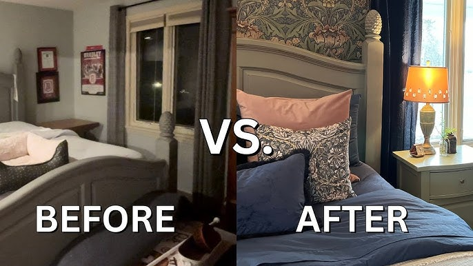 A two image collage of a before and after bedroom makeover.