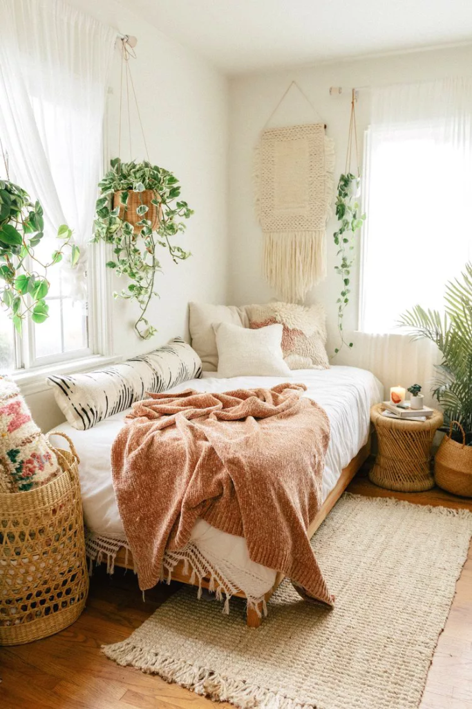 A cozy bohemian themed bedroom.