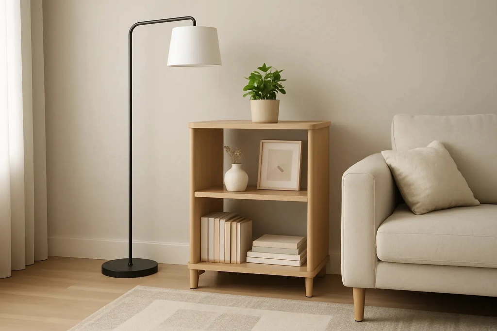 A minimalistic living room corner with a lamp, small bookshelf, and the side of a sofa in view.