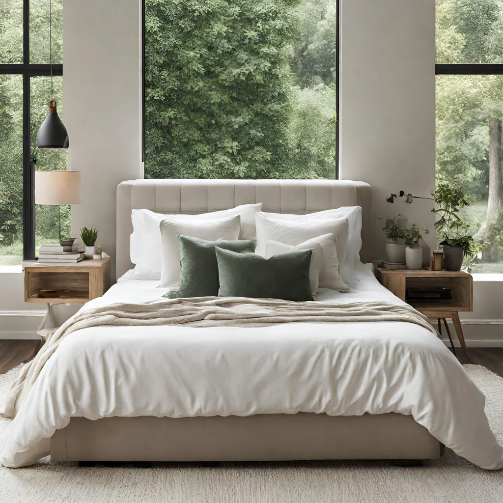 A modern bedroom set in an open and light filled bedroom.