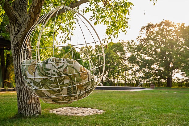 Hanging egg chair under a tree in a backyard with greenery and soft cushions