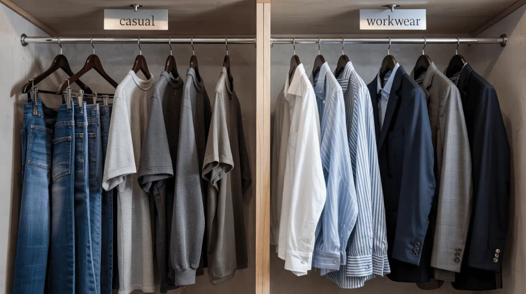 Closet organization system separating casual clothing and workwear on hanging rods