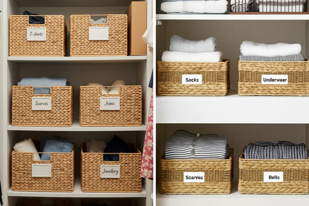 Wicker storage baskets labeled for t-shirts, scarves, jeans, socks, and underwear in a closet
