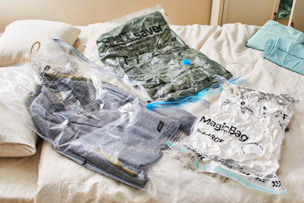 Vacuum storage bags transform mountain-high linens into flat, neat stacks