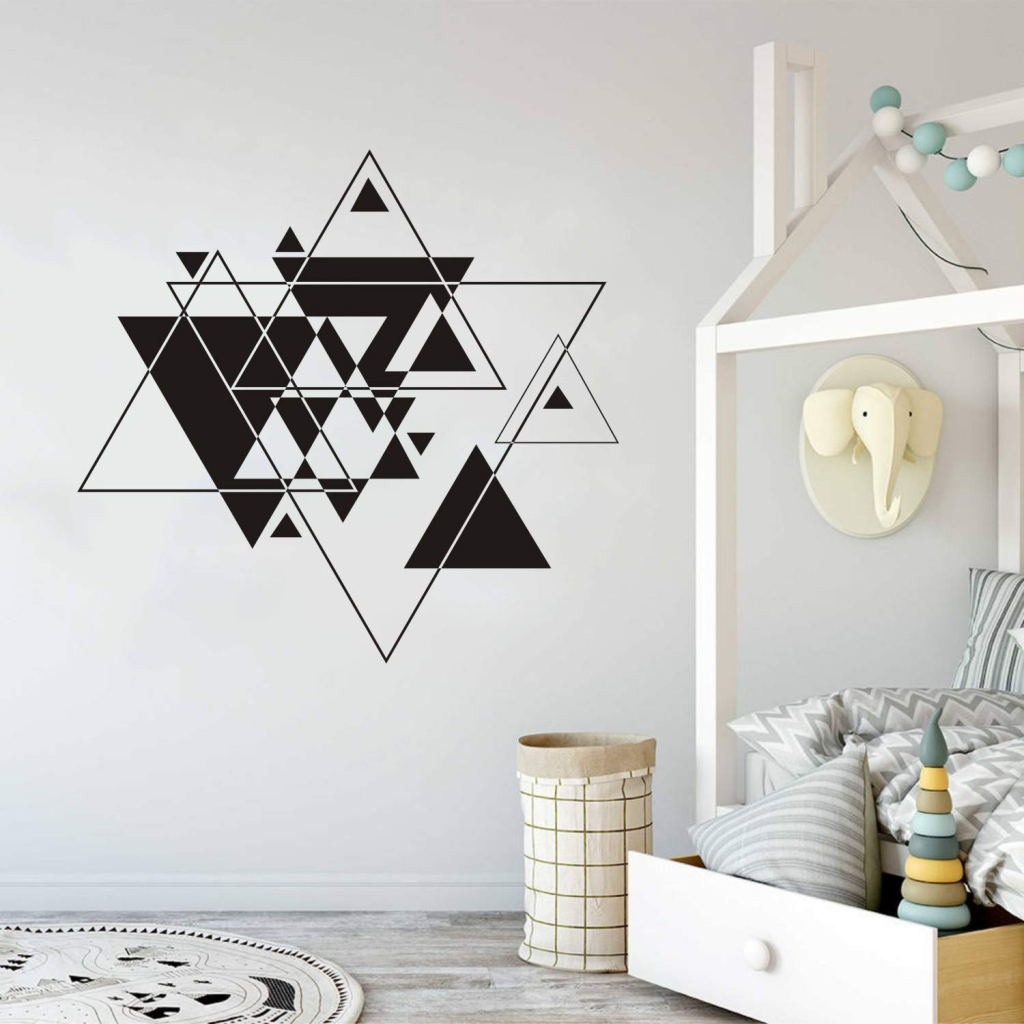 Modern geometric triangle wall decal in minimalist nursery room decor