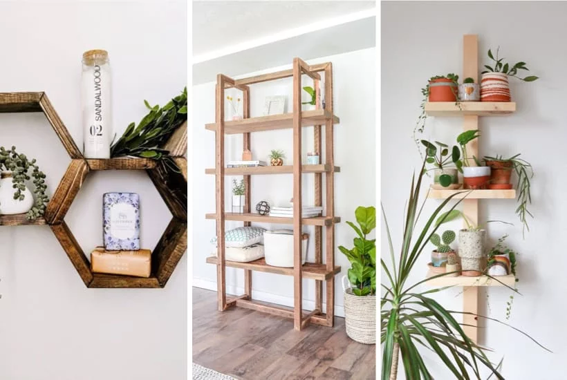 Rustic hexagon wooden wall shelves styled with small plants and decorative bottles