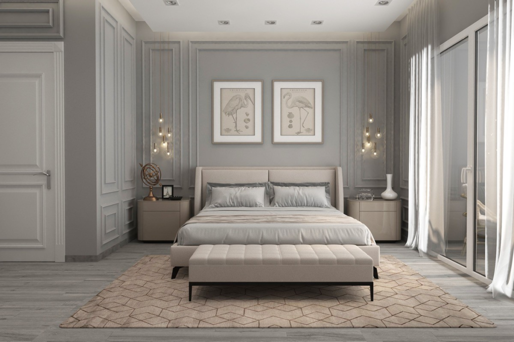 Luxury gray bedroom interior with symmetrical wall paneling, framed artwork, and soft ambient lighting