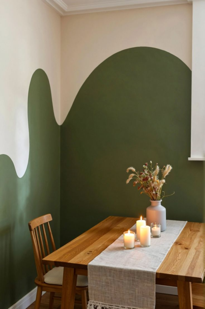 Modern dining space with green painted accent wall, wooden table, candles, and minimalist décor.