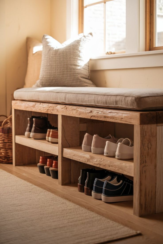 Rustic wooden shoe storage bench with cushioned seat and open cubbies near a window.