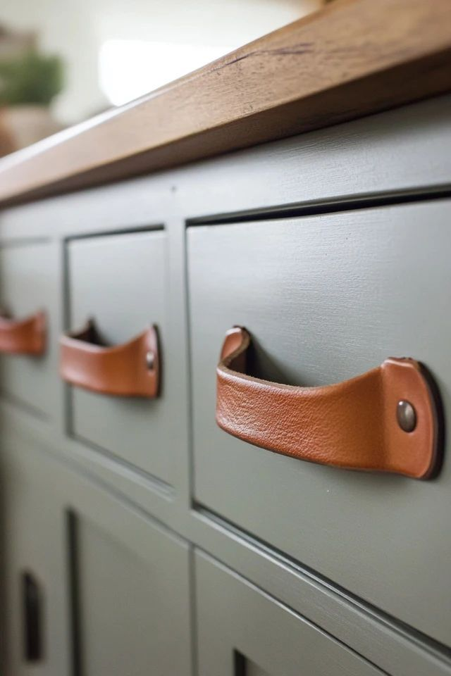 Close-up of sage green cabinet drawers with brown leather pull handles and wood countertop.