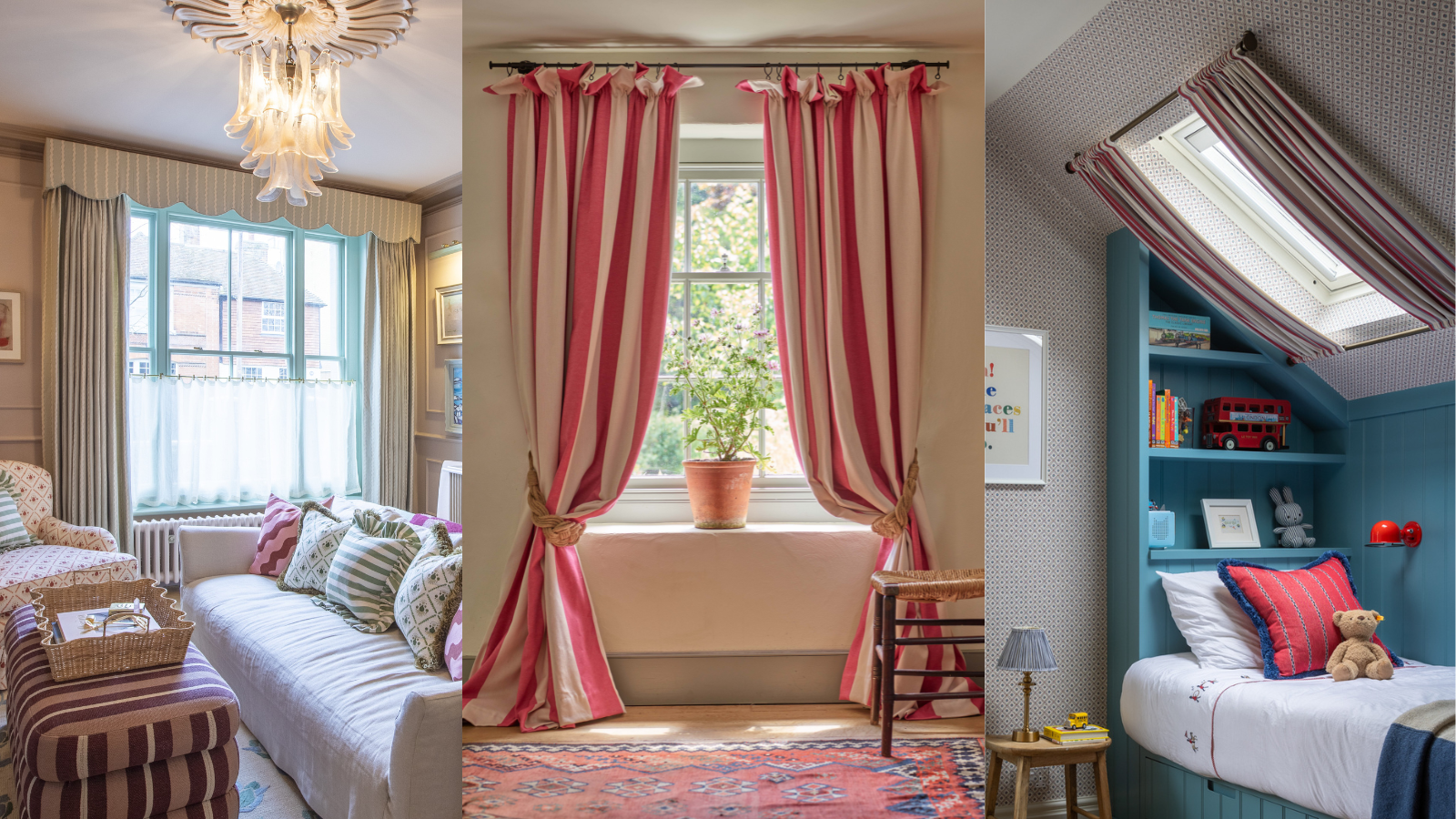 Pink and white striped curtains framing a window with natural light