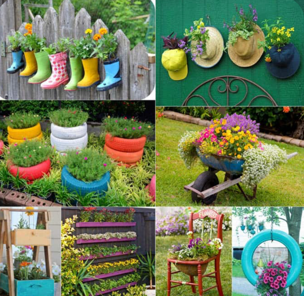 Colorful rain boots hanging on a fence used as creative garden flower planters