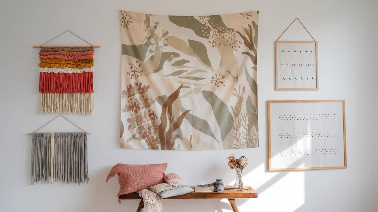 Boho wall decor featuring botanical fabric tapestry with macrame hangings and minimalist framed art