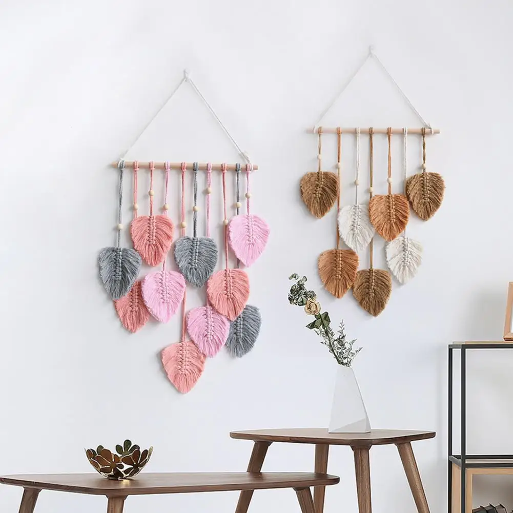 Macrame leaf wall hangings in soft pastel and neutral tones for modern bohemian home decor