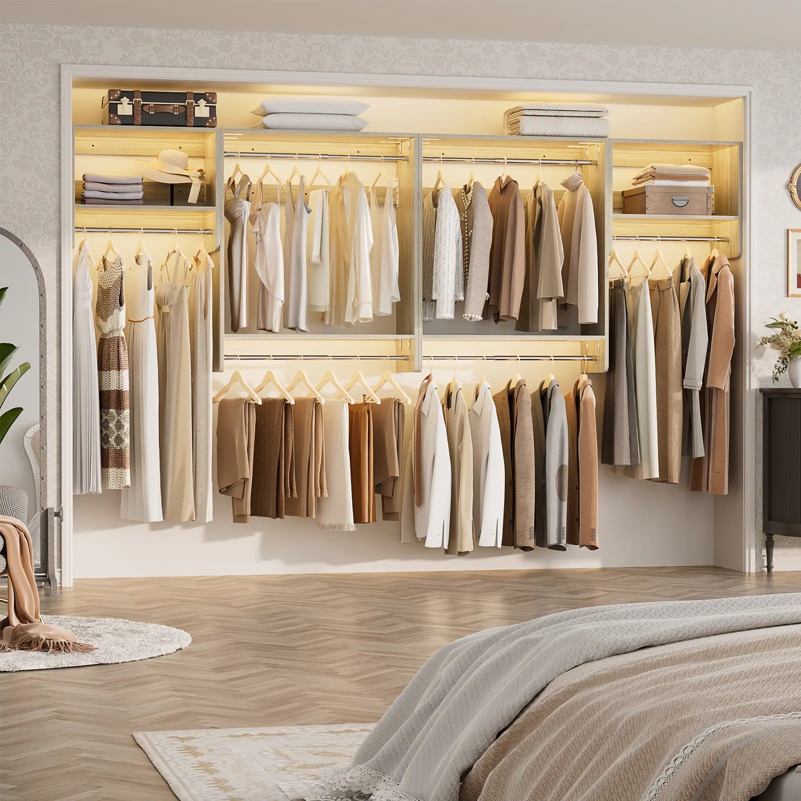 Luxury built-in wardrobe closet with warm lighting, hanging rails, shelves, and neutral clothing display