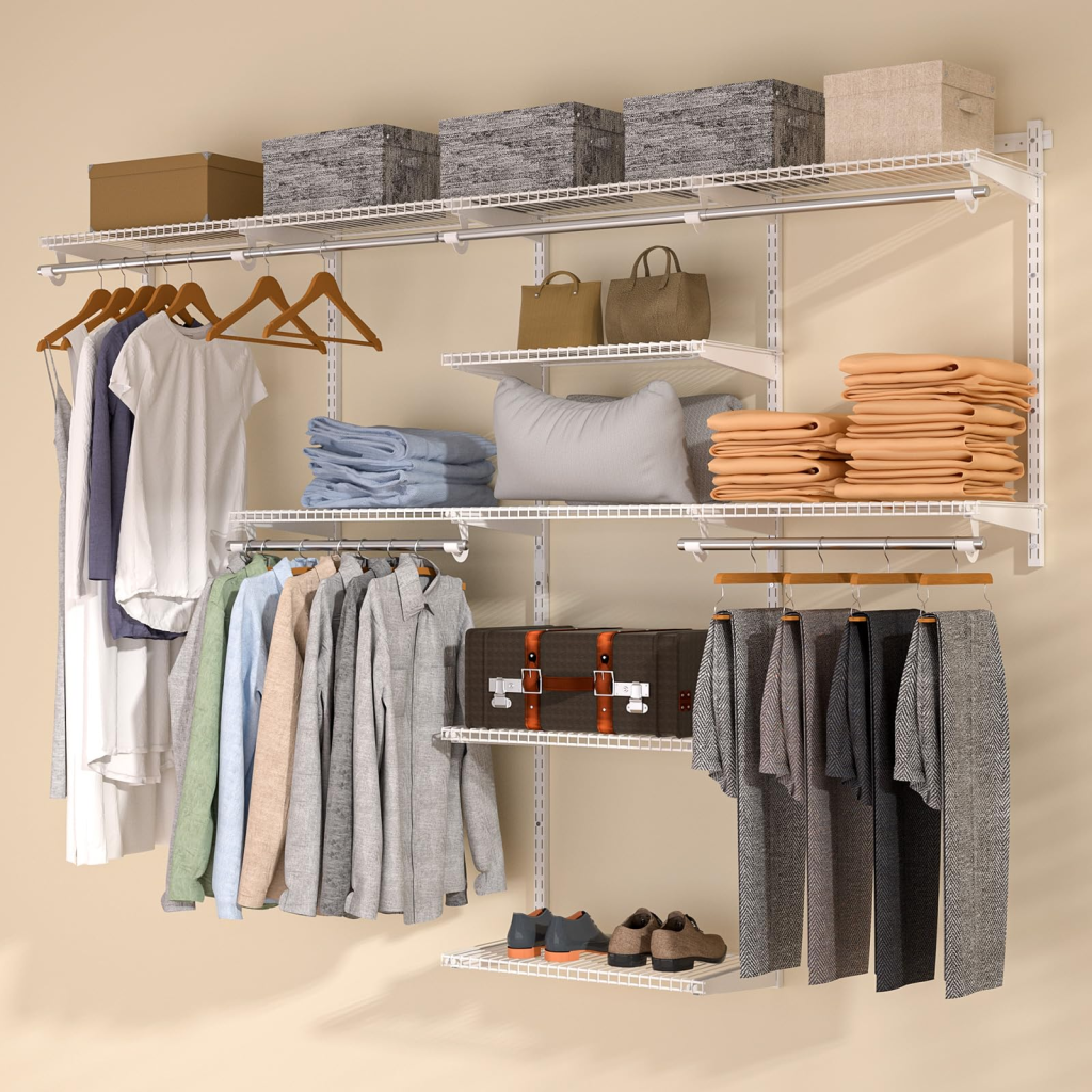 Adjustable wire closet shelving system with hanging rods, storage boxes, folded clothes, and shoe racks