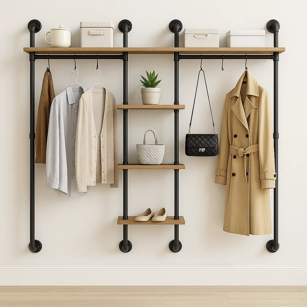 Industrial wall-mounted clothing rack with wood shelves, metal pipes, hanging coats, and handbags