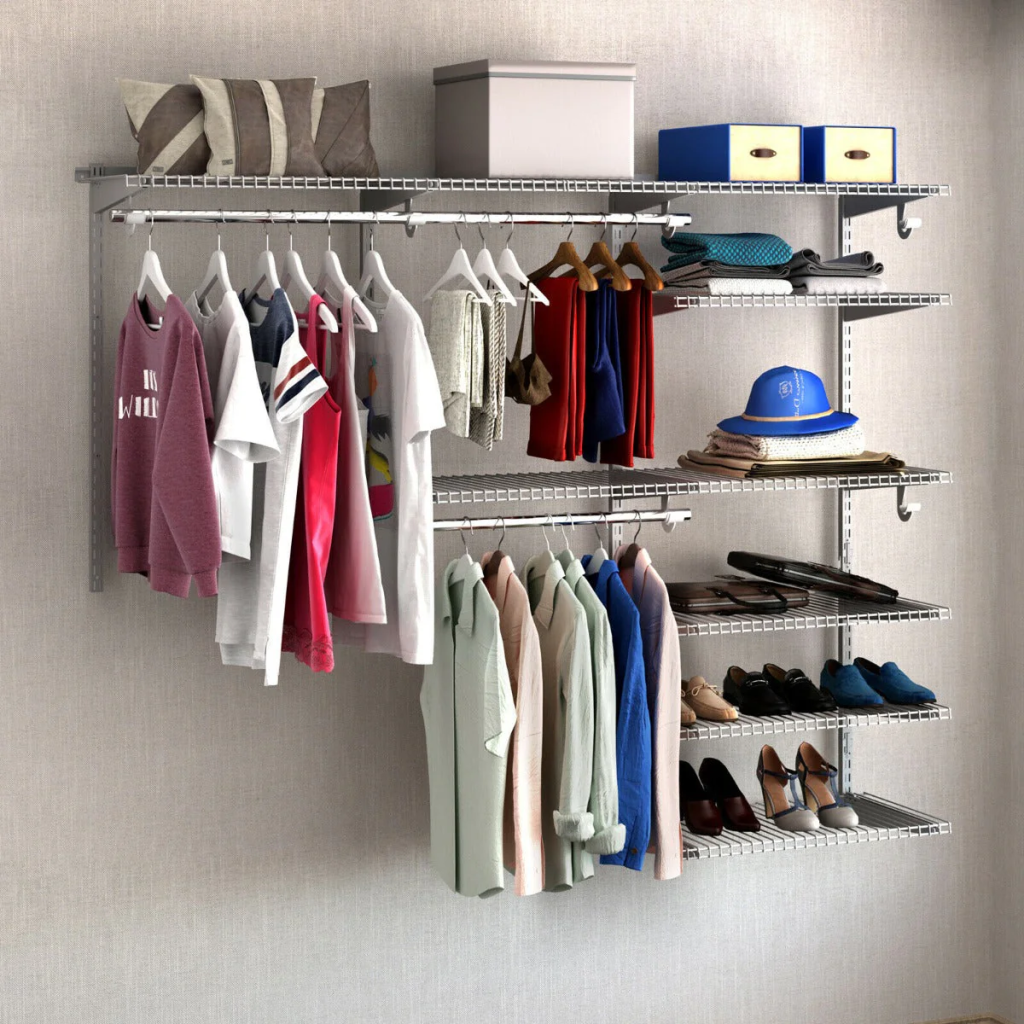 Wall-mounted wire closet organizer with multiple shelves, hanging clothes, shoe storage, and accessories