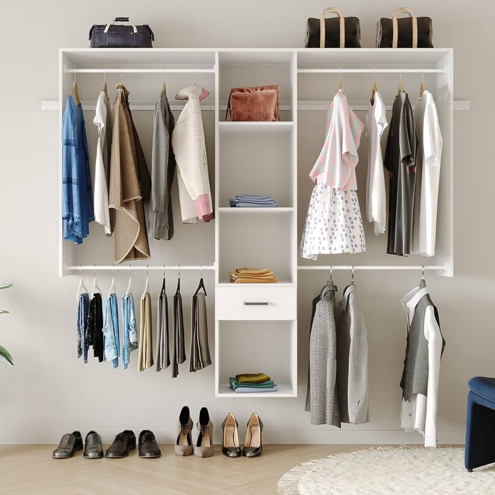 Modern open closet storage system with white shelving, hanging rails, drawers, and organized clothing