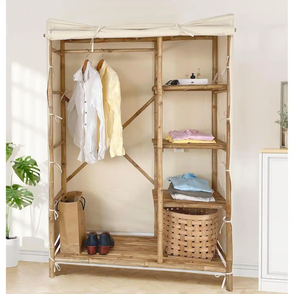 Bamboo open wardrobe closet with hanging shirts, folded clothes, shelves, and natural storage basket