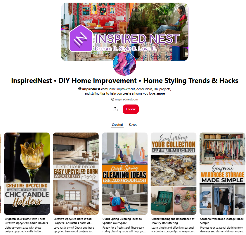 A screenshot of our Pinterest account, https://www.pinterest.com/InspiredNestCom/.