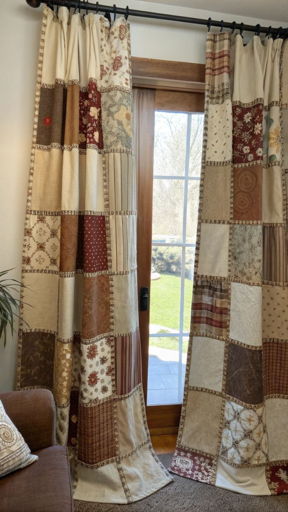 Patchwork style curtains hanging on wooden rod over glass patio door