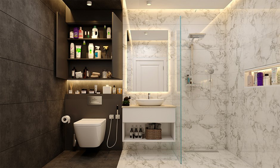 Luxury bathroom design with marble walls, walk-in glass shower, wall-mounted toilet, and modern vanity