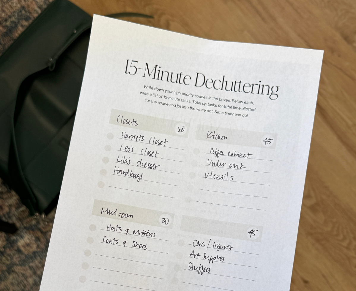 15-minute decluttering checklist worksheet with handwritten home organization tasks