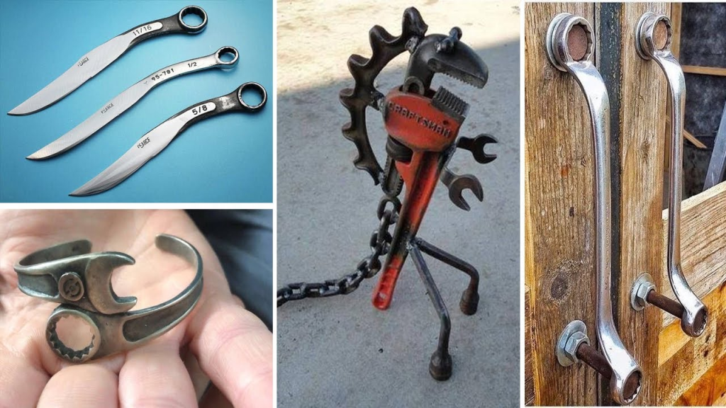 A collage of repurposed old tools, from wrenches sharpened into knives and cabinet handles to art pieces.