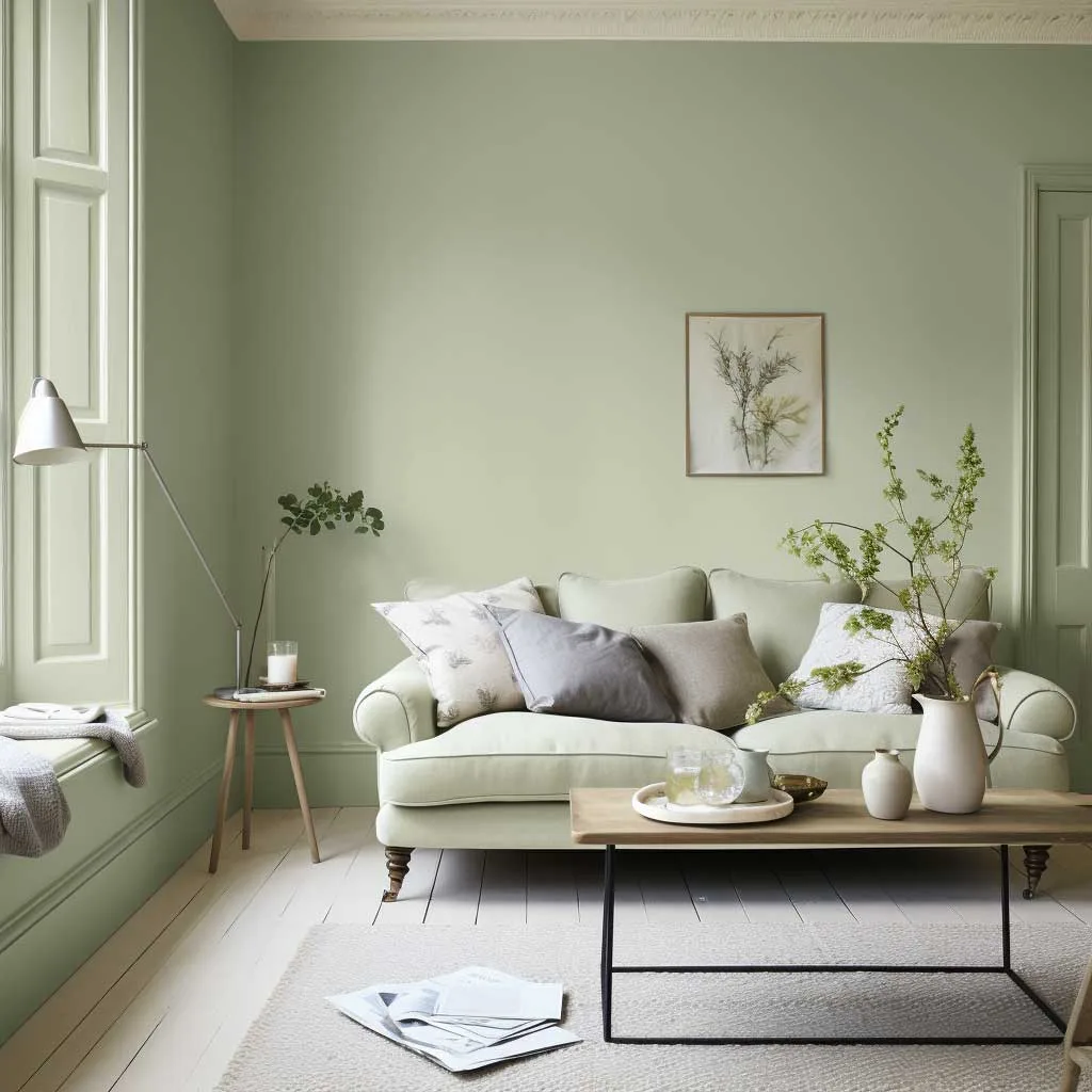 Cozy living room with sage green walls, soft sofa, wooden coffee table, and minimalist home decor