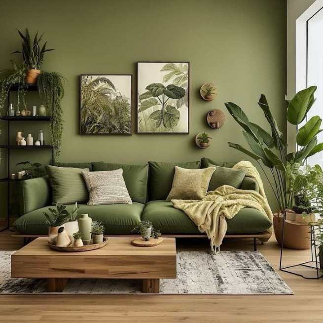 a green color palette living room with a couch and plants